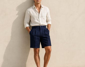 Pantaloncini da uomo blu navy a pieghe, vestibilità sartoriale, abbigliamento casual estivo