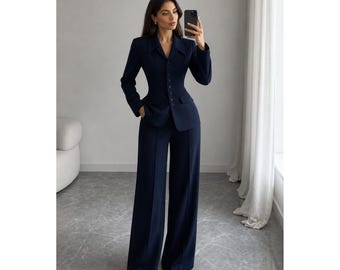 Women Navy Blue Suit Set Elegant Blazer Wide Leg Pants Outfit