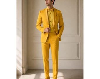 Mustard Yellow Men Suit Set Slim Fit Blazer Pants Formal Outfit