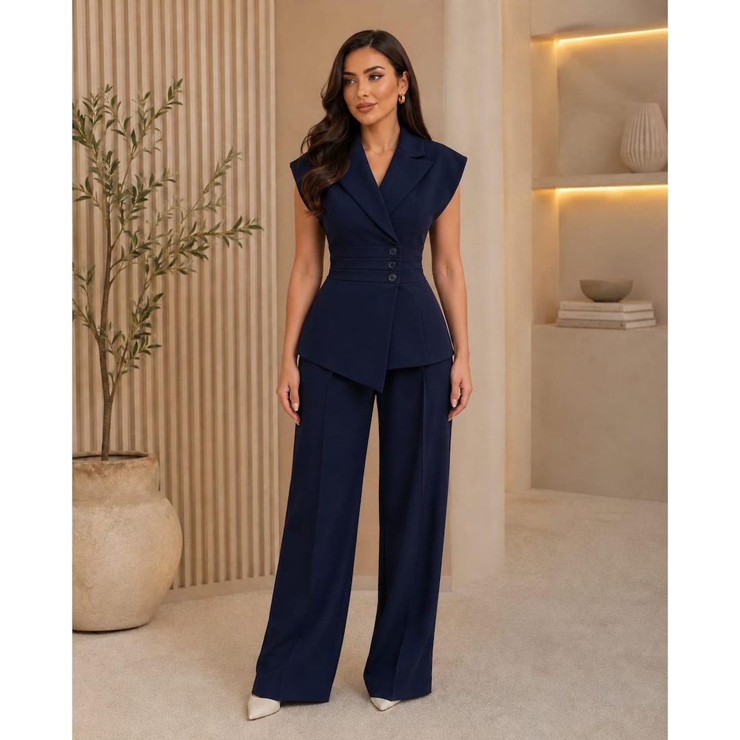 navy blue dress pants and vest Women Pant Set Elegant Wide Leg Formal Outfit Size:18.5 Vest made of wool Clark's Custom 70s Mini Dress,