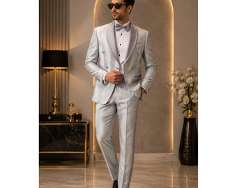 Men Silver Tuxedo Suit Set, Formal Wedding Party Blazer Pant