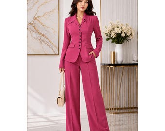 Traje de pantalón elegante para mujer, blazer y pantalón de pierna ancha.