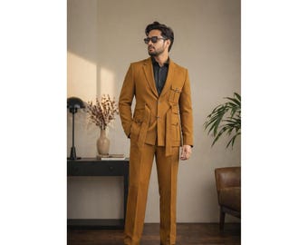 Traje de hombre marrón, conjunto de chaqueta y pantalón ajustados, traje formal de dos piezas.
