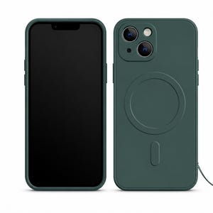 Könnte beinhalten: Eine dunkelgrüne Smartphone-Hülle, von vorne und hinten dargestellt, mit matter Oberfläche, einem kreisförmigen magnetischen Ladering auf der Rückseite, einem Kameraausschnitt für zwei Linsen und einer passenden abnehmbaren Handschlaufe.