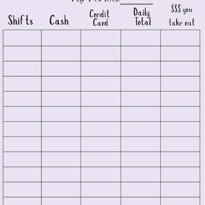May include: A lavender Tip Tracker sheet with columns for Shifts, Cash, Credit Card, Daily Total, and $$$ you take out. The top of the sheet has the text "Tip Tracker" and "Pay Period:" with a blank line. The bottom has lines for totals.