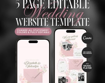 Roze groene bruiloft websitesjabloon, bewerkbare Canva-uitnodiging (digitale download)