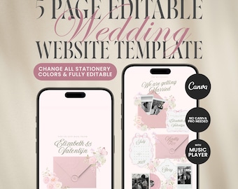 Sjabloon voor roze en groene bruiloftswebsite, bewerkbare canva-uitnodiging (digitale download)