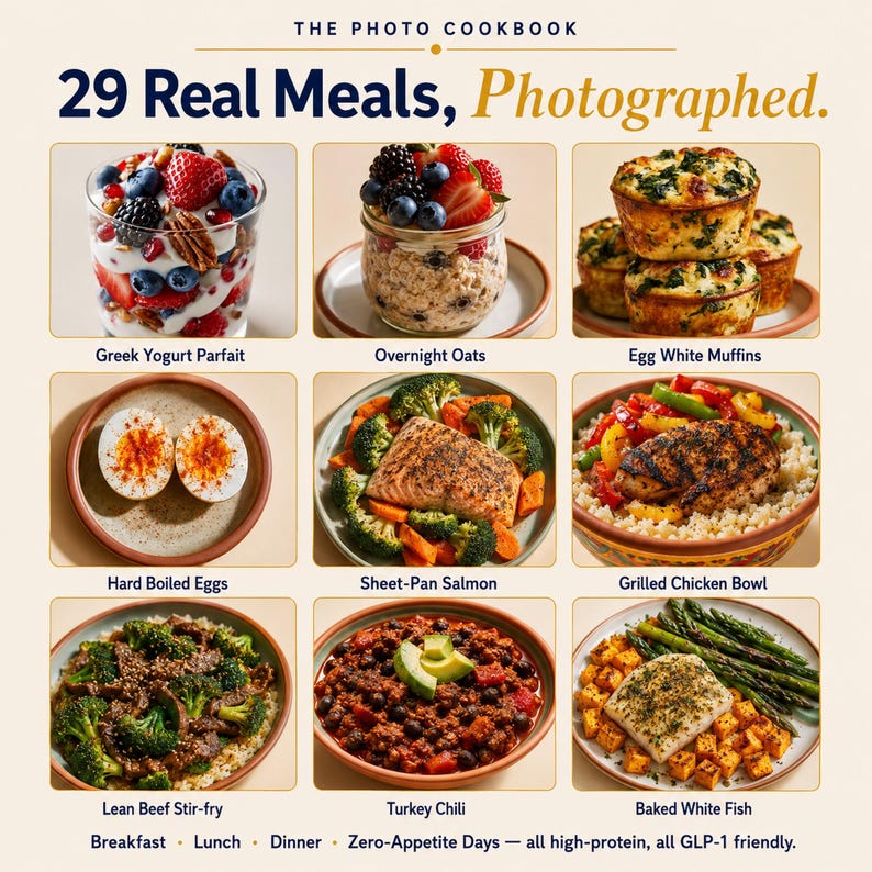 May include: The Photo Cookbook 29 Real Meals, Photographed. A grid of nine food images including Greek Yogurt Parfait, Overnight Oats, Egg White Muffins, Hard Boiled Eggs, Sheet-Pan Salmon, Grilled Chicken Bowl, Lean Beef Stir-fry, Turkey Chili, and Baked White Fish.