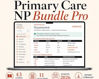 Primary Care NP Clinical Reference Guide, 43 Sections, 11 Calculators (Updated 2026)