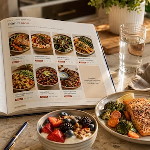 May include: An open cookbook page titled Dinner ideas displays eight food photographs with nutritional labels. A bowl of yogurt with berries, a plate of salmon with broccoli and carrots, a glass of water, and a pen are arranged on a surface.