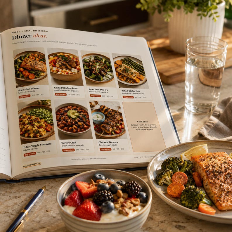May include: An open cookbook page titled Dinner ideas displays eight food photographs with nutritional labels. A bowl of yogurt with berries, a plate of salmon with broccoli and carrots, a glass of water, and a pen are arranged on a surface.