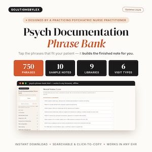 May include: A digital Psych Documentation Phrase Bank by SolutionsByLex, updated 2026. The interface displays 750 phrases, 10 sample notes, 9 libraries, and 6 visit types. It features a Mental Status Exam section with clickable clinical documentation phrases.