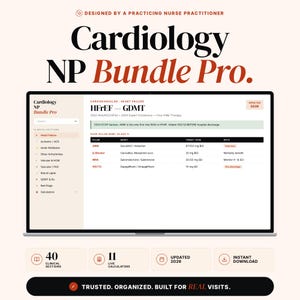 May include: A laptop screen displays a cardiology study guide titled "Cardiology NP Bundle Pro." The guide includes clinical sections, calculators, and updated information. The design is clean with a focus on medical information, including drug dosages and treatment notes.