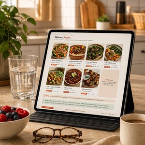 May include: A tablet computer displaying a digital meal planning guide titled Dinner ideas, featuring eight food photographs with nutritional information, a glass of water, a bowl of berries, and tortoise shell glasses on a countertop.