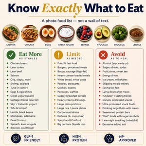 May include: An educational infographic titled Know Exactly What to Eat featuring a photo food list with salmon, chicken, eggs, Greek yogurt, berries, avocado, broccoli, and lentils. It categorizes dietary choices into Eat More, Limit, and Avoid columns with bulleted lists and icons for GLP-1 friendly, high protein, and NP-approved status.