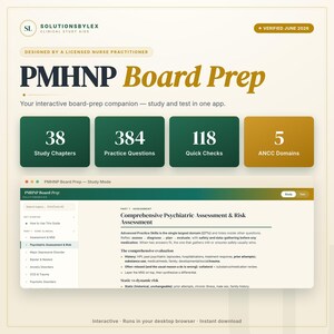 May include: A digital study aid for PMHNP board preparation featuring a dashboard with 38 study chapters, 384 practice questions, 118 quick checks, and 5 ANCC domains. Below, a browser window displays a study mode interface for psychiatric assessment.