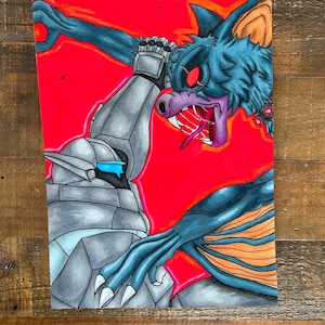 May include: An illustration of a battle scene featuring a robotic figure and a creature with bat-like features. The artwork uses a vibrant red background, with the figures rendered in shades of gray, blue, and orange. The creature has an open mouth with a long tongue.