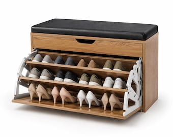 Shoe Storage Bench with Cushion Seat, Wooden Entryway Shoe Organizer Cabinet, Flip Drawer Shoe Rack Bench for Hallway or Bedroom