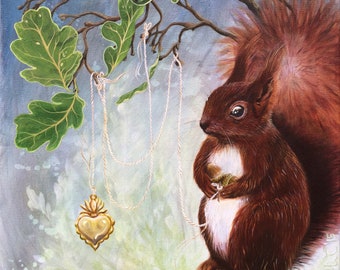 Art Print: "A Fuzzy Feeling". Squirrel, fuzzy, cute, heart, oak, leafs, acorn, animal, woodland, pop art, surrealism, lowbrow, pop style