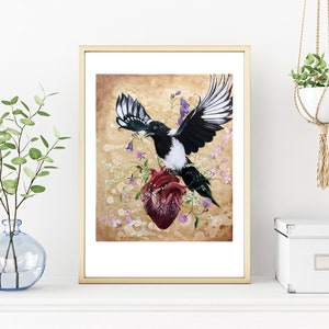 Kunstdruck: &quot;Mein Wildes Herz&quot; Anatomisches Herz, Blumen, Elster, Vogel, Distel, Glockenblume, Klee, Flügel, frei, Freiheit, Liebe, Popsurrealismus