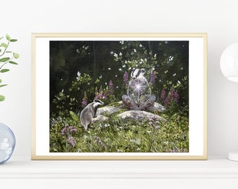 Gicleé art print: "Badger wisdom", limited edition, badger, nature, art, flowers, woods, shaman, spirit, spiritual, healing, shamanic,