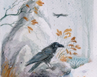 Original watercolor: “The raven is calling”. Raven, bird, winter, snow rock, shaman, shamanism, nordic, nature, painting, art, watercolor