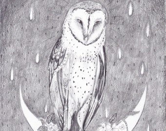 Original drawing: “Wisdom, wealth, balance”. Pencil, graphite, nature, art, animal art, power animal, owl, moon, shaman, shamanic