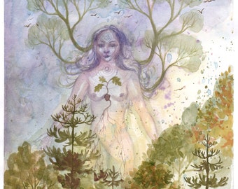 Original watercolor: "Gro (Gruach)", art, figurative, shaman, shamanism, healer, energyworker, woman, surreal, trees, forest, nature spirit