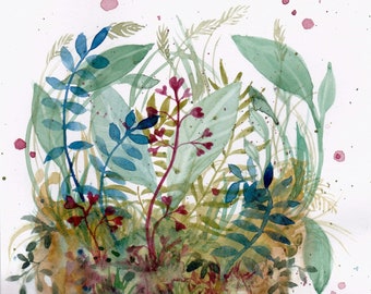 Original watercolor: “A little piece of nature V” Plants, plantlover, leaf, greenery, nature, roots, painting, art