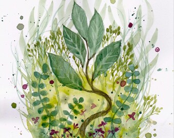 Original watercolor: “A little piece of nature IV” Plants, plantlover, leaf, greenery, nature, roots, painting, art, watercolor