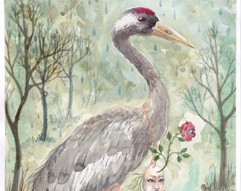 Original watercolor: "The blissful crane", aquarelle, art, figurative, shaman, shamanism, healer, energyworker, woman, bird, surreal, sorrow