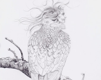 Original drawing: "Untameable", Pencil, graphite, art, figurative, shaman, shamanism, healer, energyworker, woman, bird, surreal, harpy