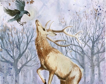 Original watercolor: "The helpers". Stag, deer, raven, power animal, nature, magic, magical, shamanism, winter, scenery, forest clearing