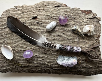 Smudge feather: Goose, swan and guinea fowl, shamanic tool, shamanism, shaman, spiritual, ceremonial, sacred, blessed, healing, purification