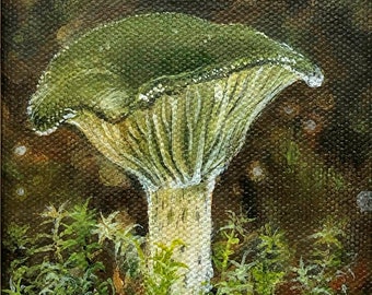 Original painting in frame: "Green Magic". Miniature art, mushroom, shroom, fungus, fungi, nature, nordic, forest, moss, lichen, magical