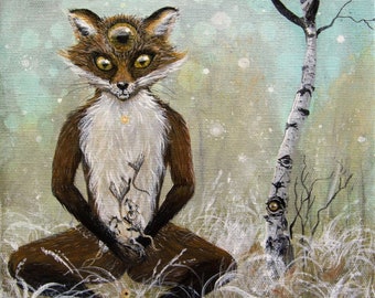 Original art: Compassionate Fox. Vulpes, mouse, mice, birch, love, nature, care, child, children, woodland, magic, visionary, spiritual,