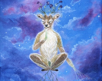 Original Art: "A peaceful mind". Sky, deer, yoga, meditation, spiritual, healing, feminine, awakening, purple, blue, peaceful