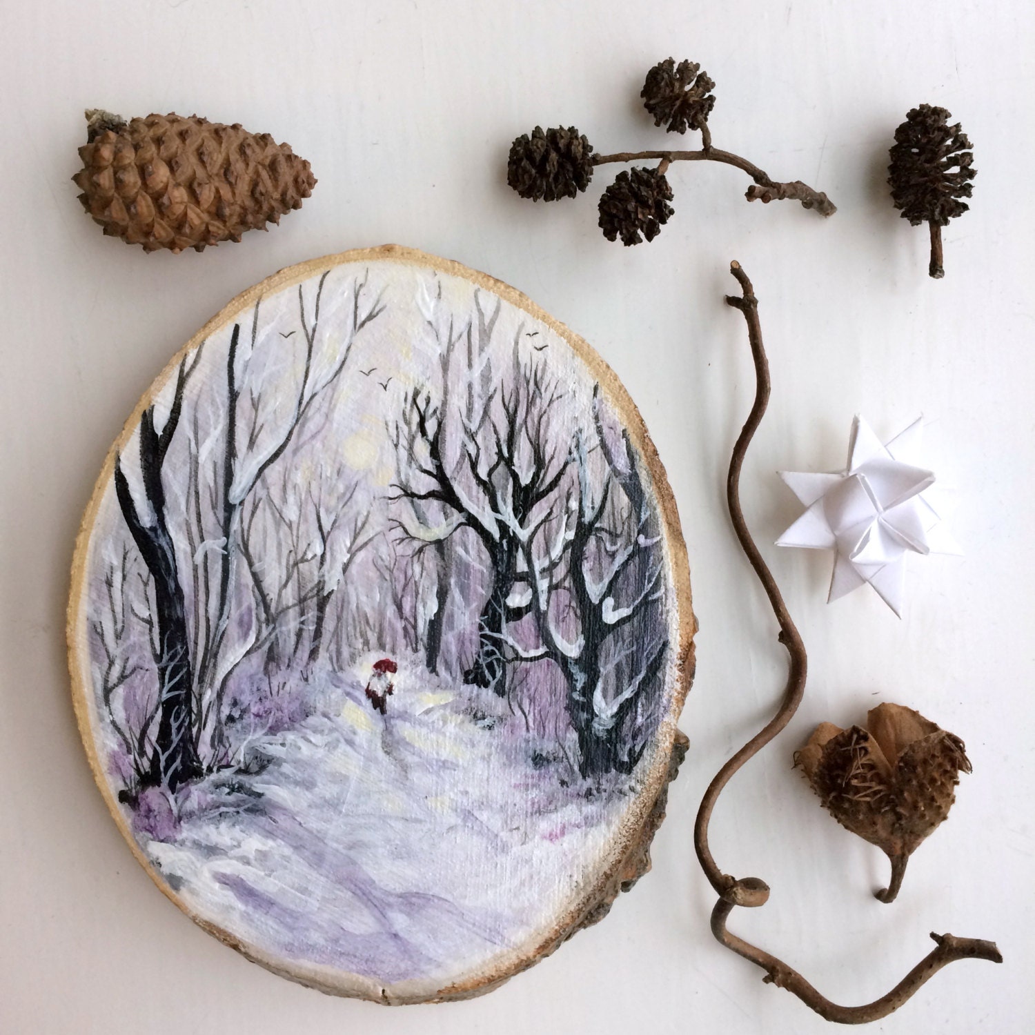Original Art Hand painted wood slice with winter landscape Etsy