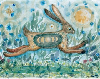 Original watercolor: “Lunar cycle hare”. Hare, rabbit, moon, moon cycle, nature, painting, art, watercolor, stars, night