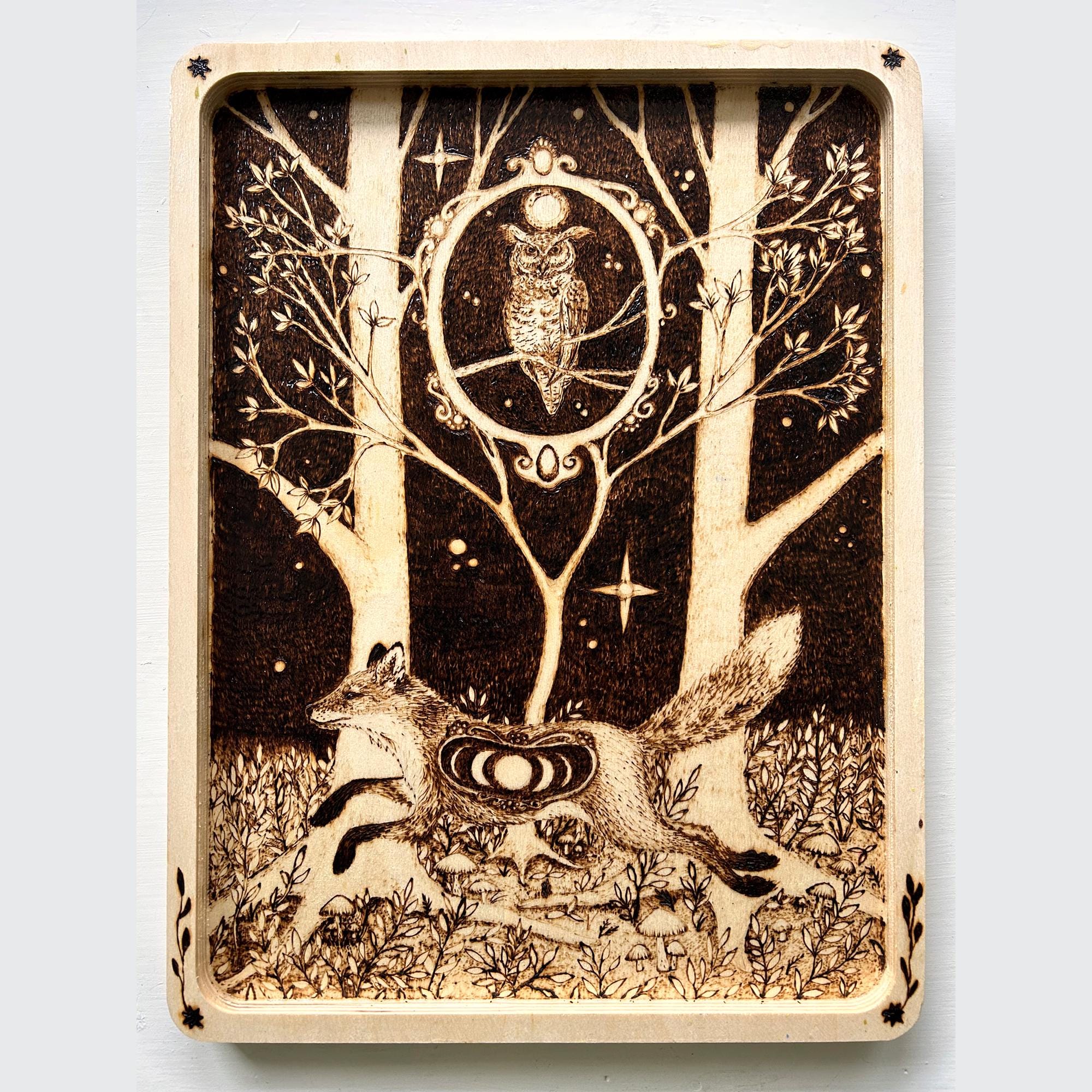 Pyrography: “The guardians of the moon”. Owl, fox, moon, forest, stars, pyrography, art, burned wood picture, animal, shaman, spiritual