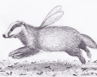 Original drawing: “Wings of love”. Pencil, graphite, badger, nature, art, woodland, cute, animal art, Meles meles, power animal