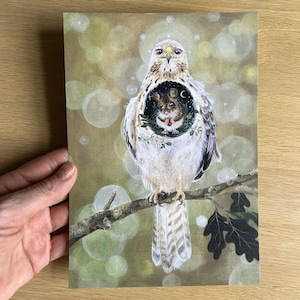 Tarjeta de arte: "He encontrado un corazón tierno". Postal, tarjeta, saludo, verde, ave rapaz, busardo, halcón, pájaro, ratón, corazón,