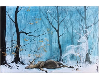 Giclée art print: "From the end to the beginning". Stag, deer, death, winter, lifecycle, life, death, spirit, spiritual, shamanistic art