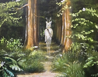 Original art: "Oh deer". Acrylic, woodland, forest, woods, nordic, scandinavian, nature, cute, deer, ghost, spirit,