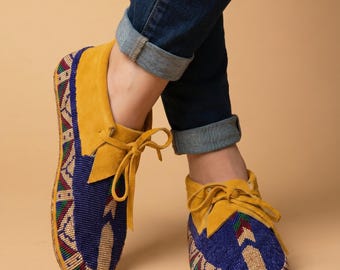 Fully Hand Beaded Leather Moccasins for Women, Native Inspired Geometric Beadwork. Unique Handcrafted Gift for Her