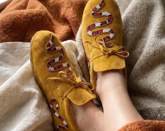Beaded Snake Design Moccasins. Handmade Unique Suede Lace-up Shoes For Women. Suitable For Outdoor Wear. Summer Gift For Her.