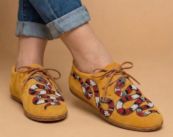 Beaded Snake Design Moccasins. Handmade Unique Suede Lace-up Shoes For Men & Women