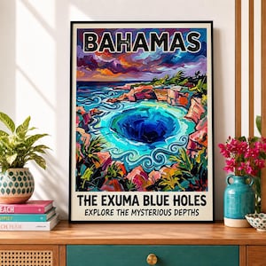 Puede incluir: Una lámina decorativa rectangular con una ilustración vibrante y pictórica de los Blue Holes de Exuma en las Bahamas. La obra muestra un sumidero circular azul profundo rodeado de agua turquesa, acantilados rocosos y un cielo colorido.