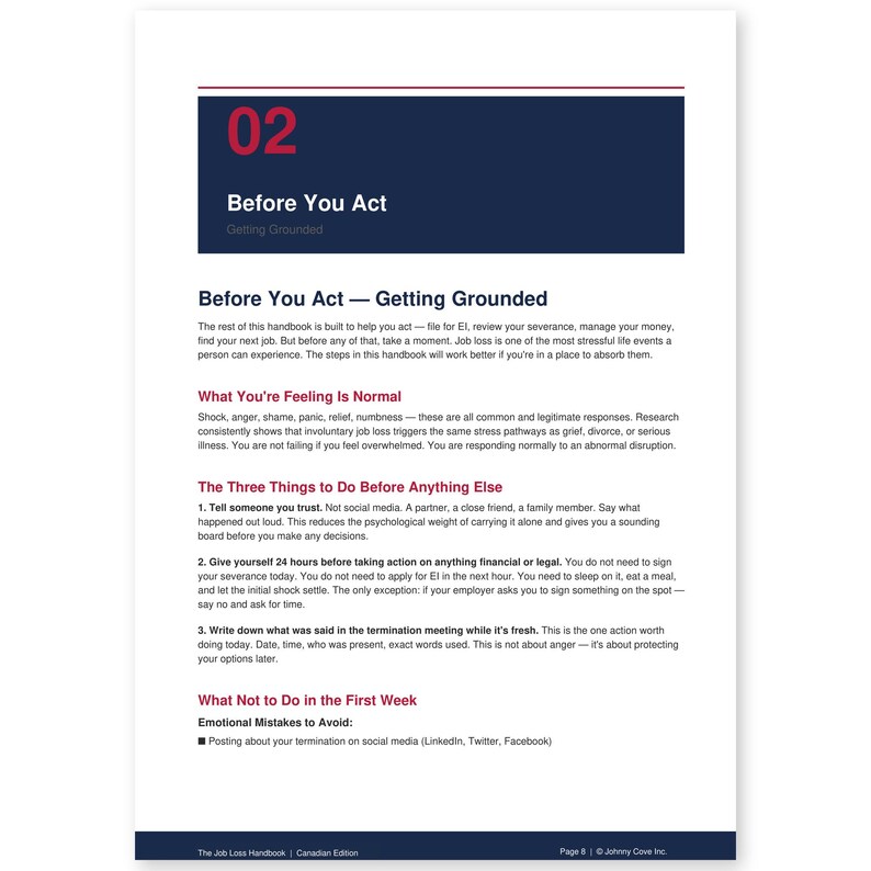 May include: A page from "The Job Loss Handbook" with the title "Before You Act." The page features numbered steps and advice on managing job loss, including emotional responses and actions to take. The text is in black font on a white background.