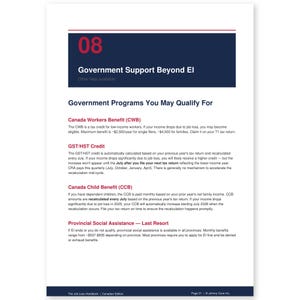 May include: A page from "The Job Loss Handbook" with the title "Government Support Beyond EI." The document outlines various government programs, including the Canada Workers Benefit, GST/HST Credit, Canada Child Benefit, and Provincial Social Assistance.